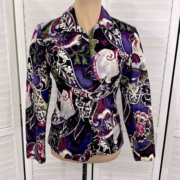 Chico's Jacket Size 0 Size 4 Purple Paisley Floral Sequin Embellished - Picture 2 of 16